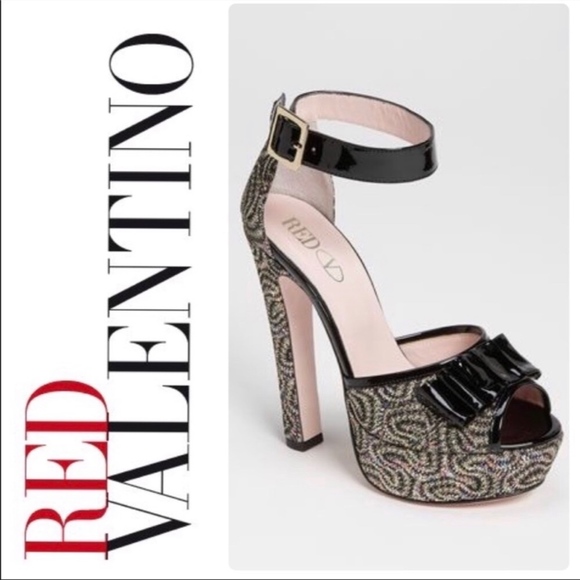 Valentino Red Glitter Peep Toe Pump Platform Heels - Picture 6 of 6